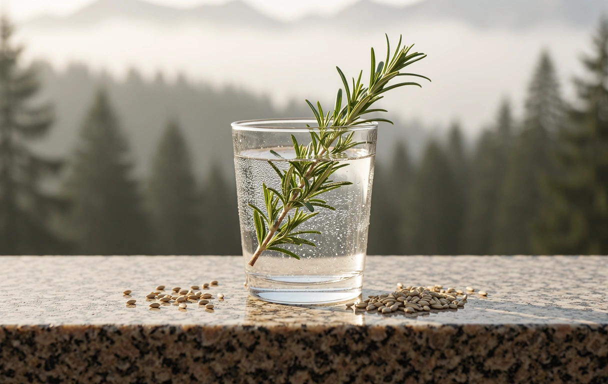 Glas Wasser mit Rosmarinzweig